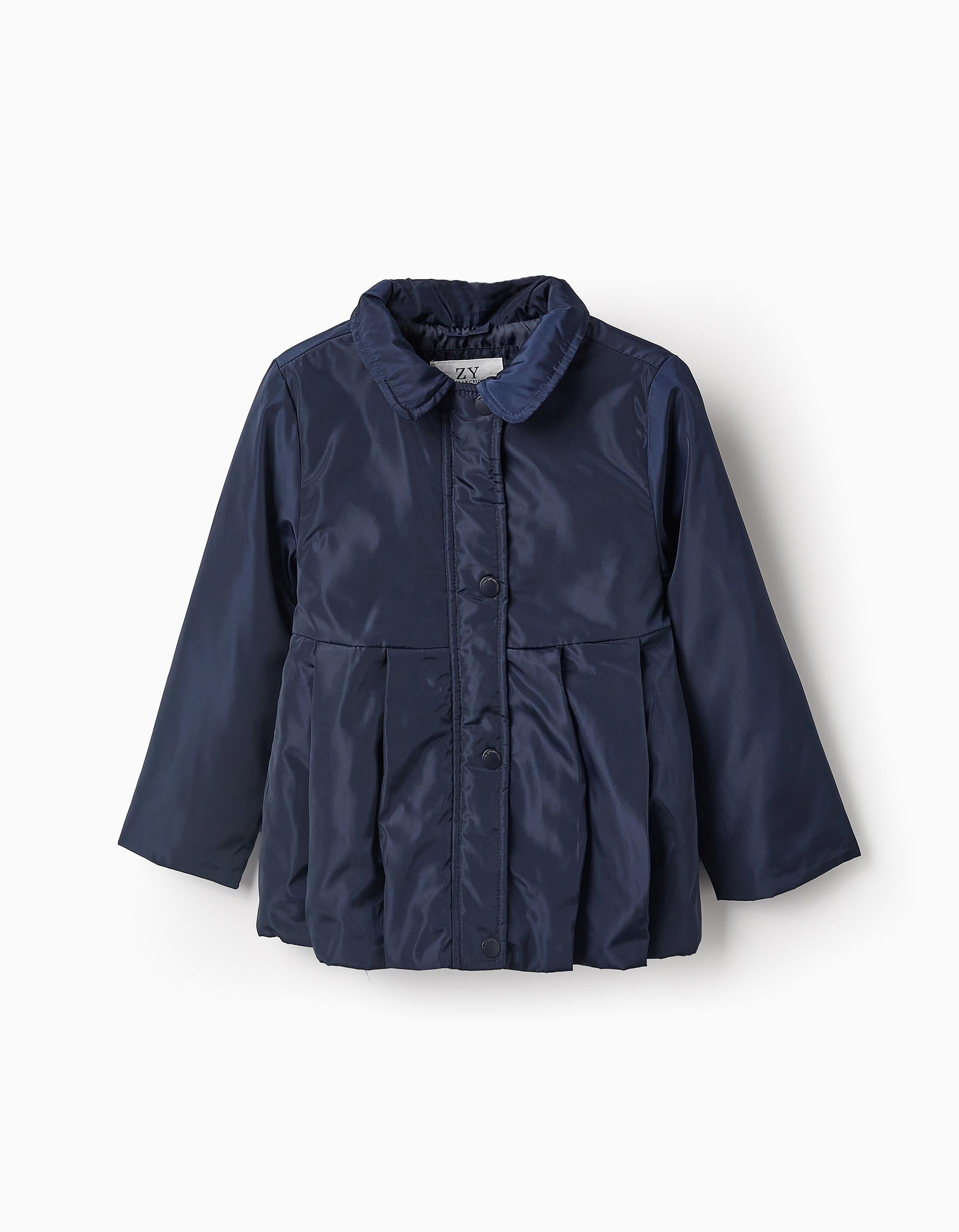 Pleated Parka with Removable Hood for Girls, Dark Blue