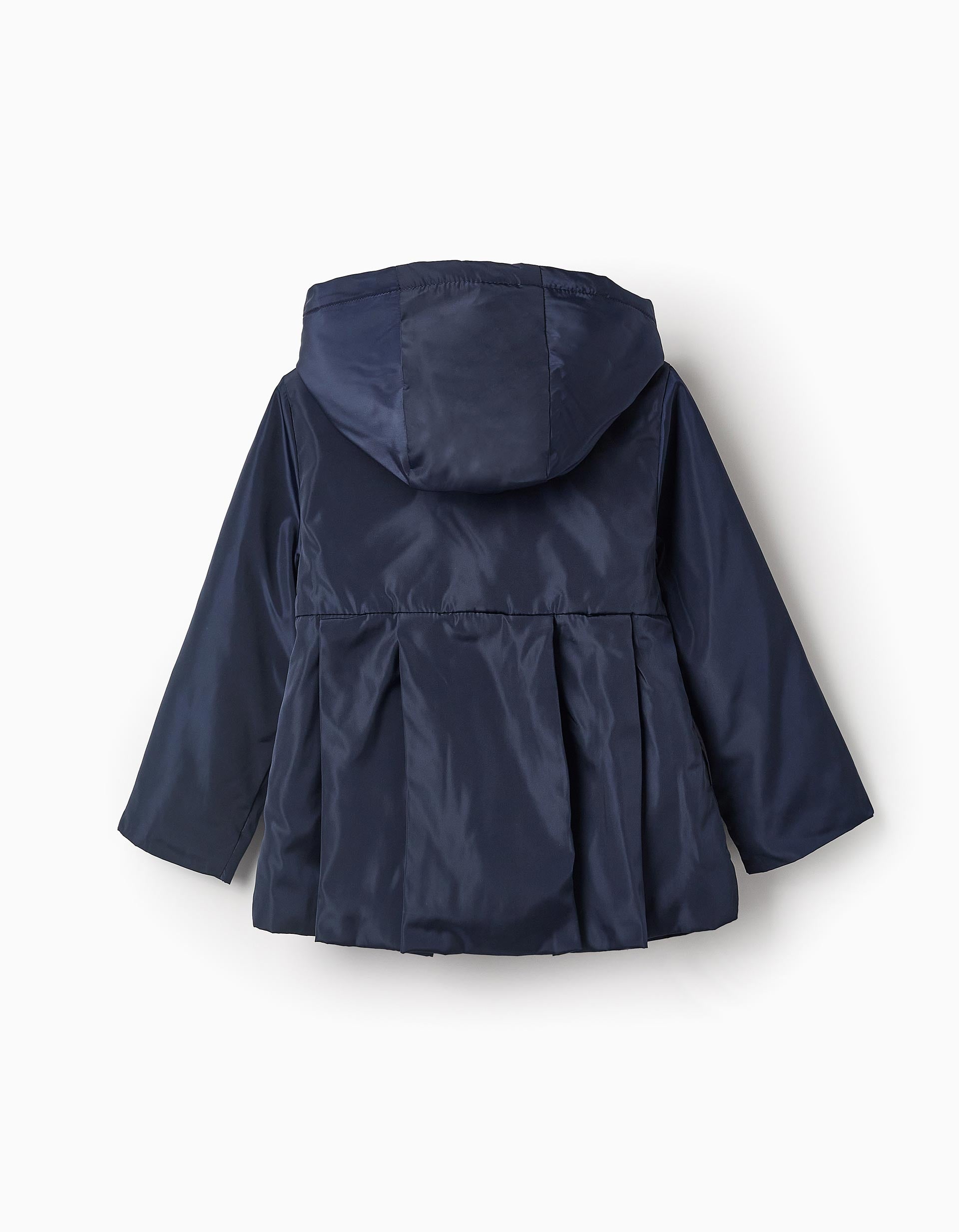 Pleated Parka with Removable Hood for Girls, Dark Blue