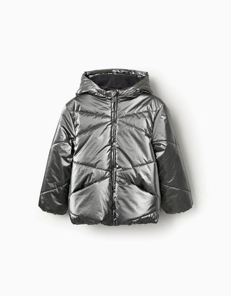 Casaco Acolchoado com Forro Polar para Menina, Cinza Metalizado