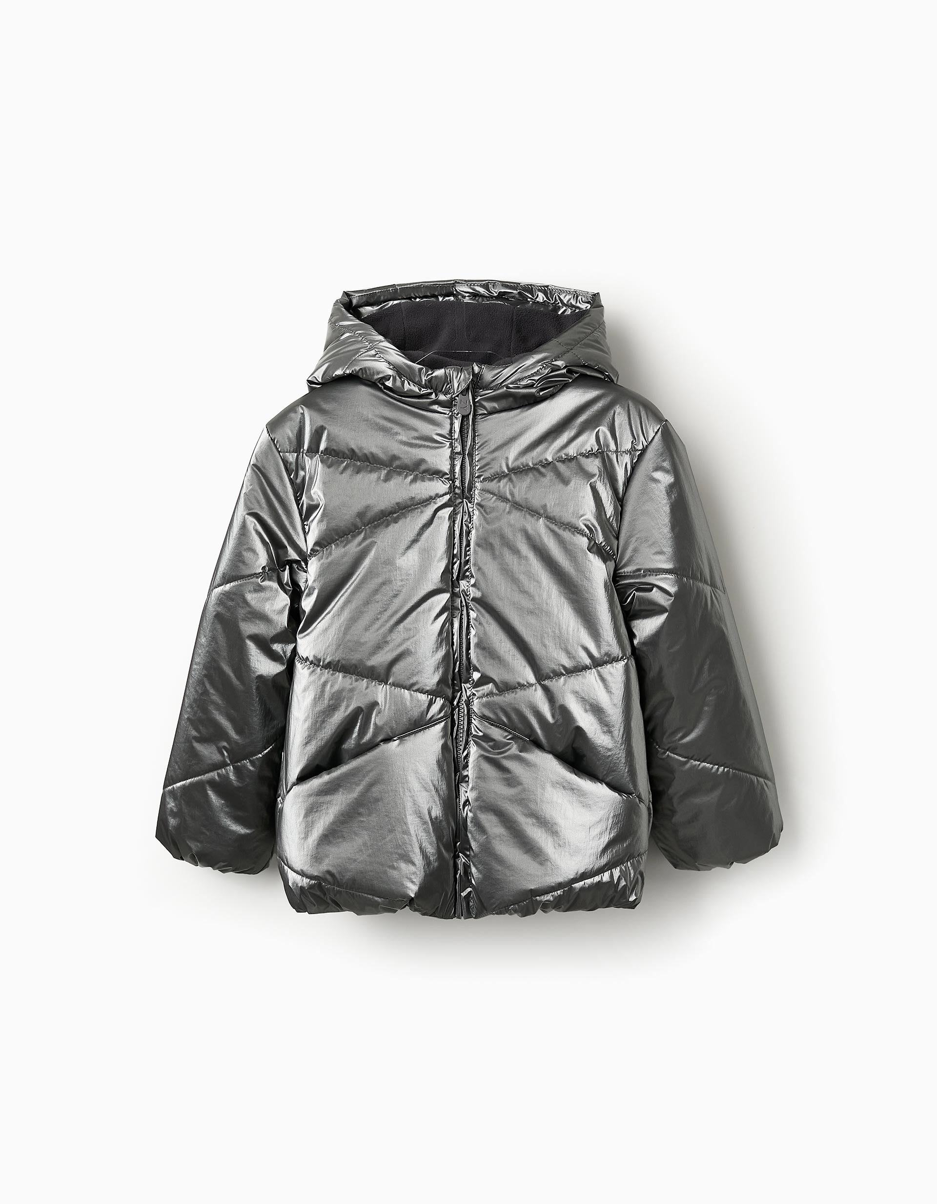 Padded Jacket with Polar Lining for Girls, Metallic Grey