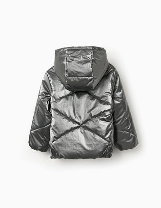 Casaco Acolchoado com Forro Polar para Menina, Cinza Metalizado