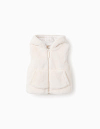 Gilet en Fausse Fourrure avec Capuche pour Bébé Fille, Blanc