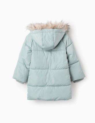 Chaqueta Acolchada Larga con Capucha Desmontable para Niña, Verde