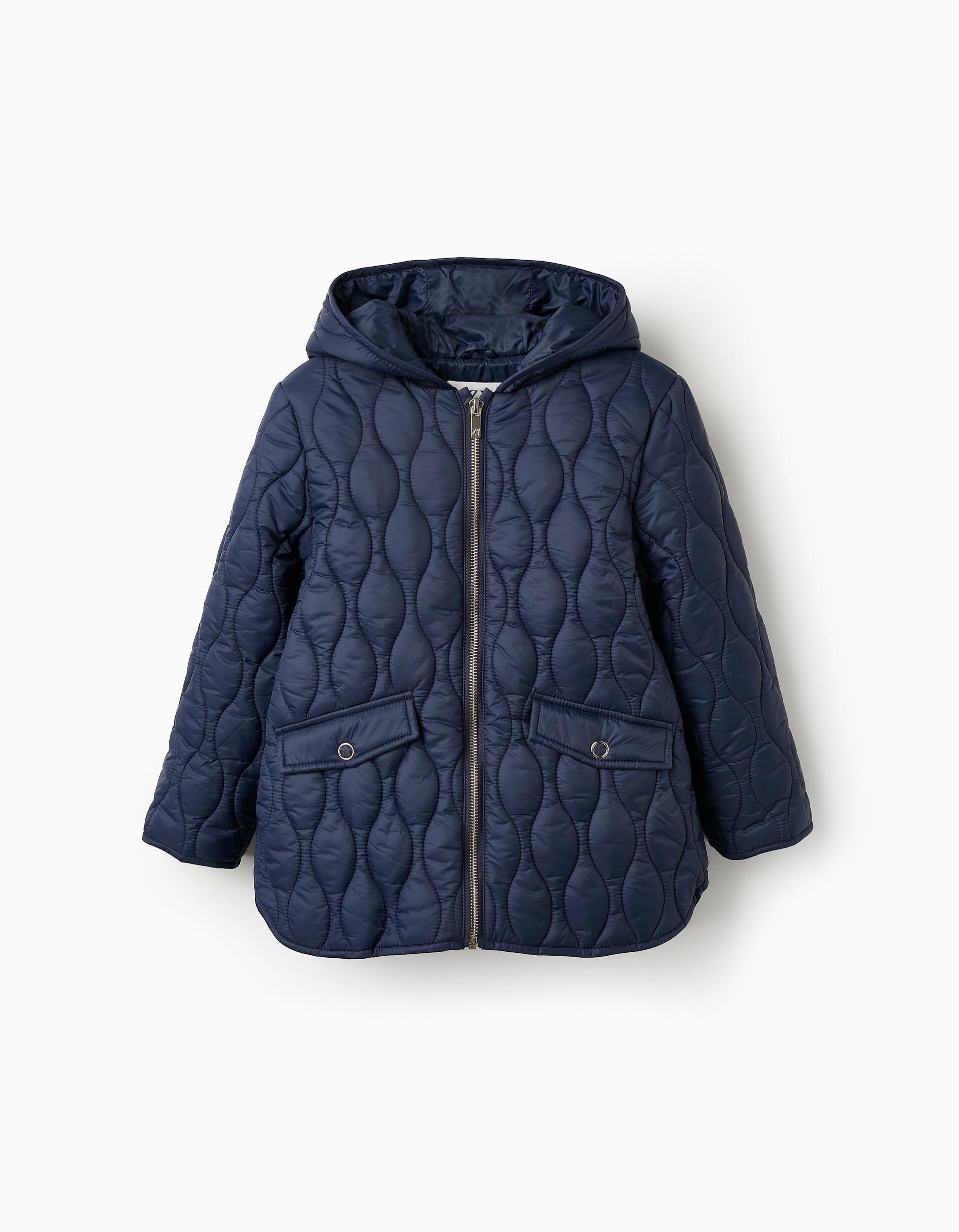 Padded Hooded Parka for Girls, Dark Blue/Gold