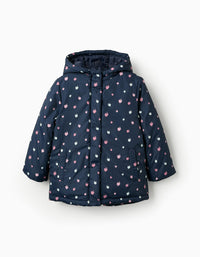 Casaco Acolchoado com Capuz e Estampado para Menina, Azul Escuro