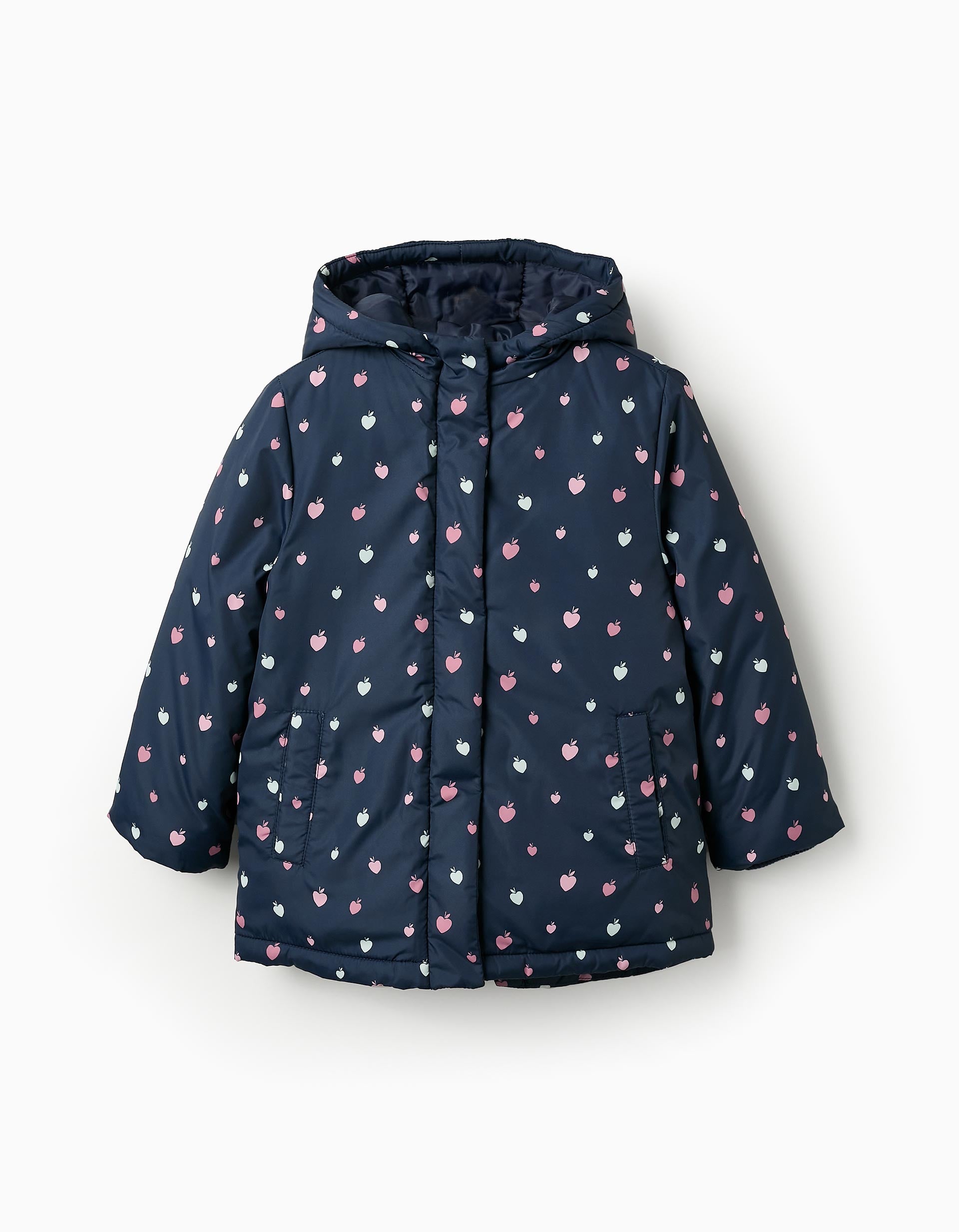 Padded Hooded Jacket with Motif for Girls, Dark Blue