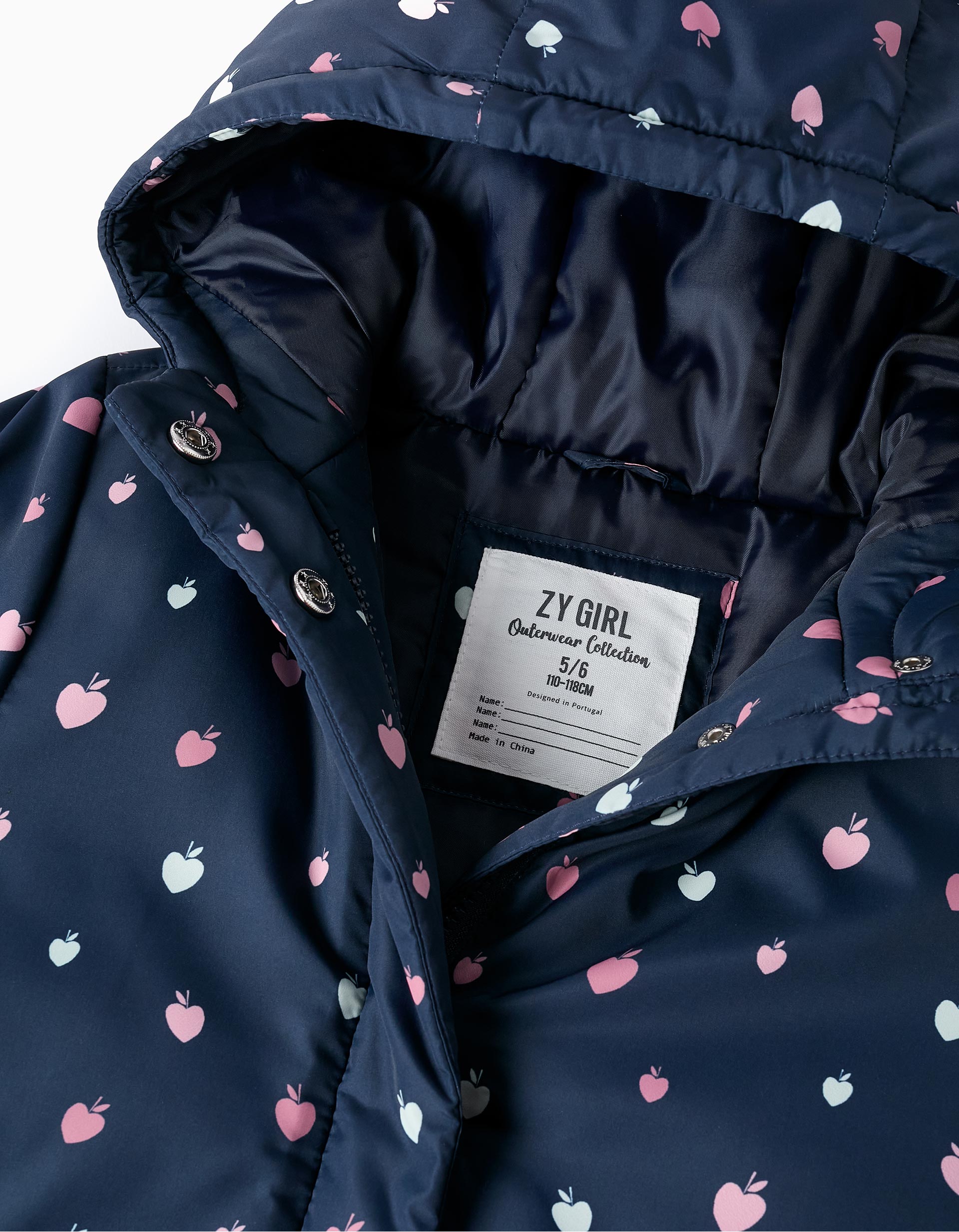 Padded Hooded Jacket with Motif for Girls, Dark Blue