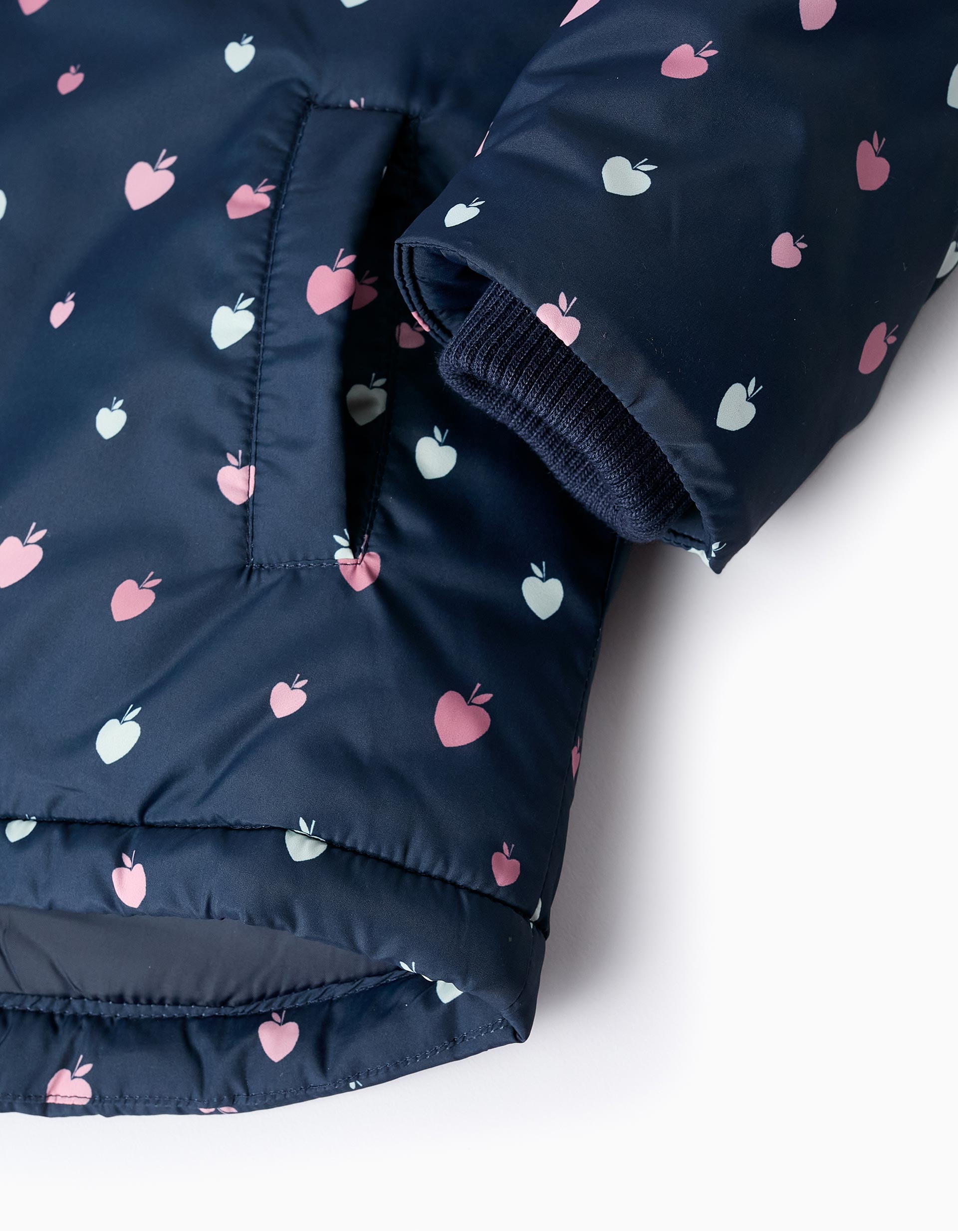 Padded Hooded Jacket with Motif for Girls, Dark Blue