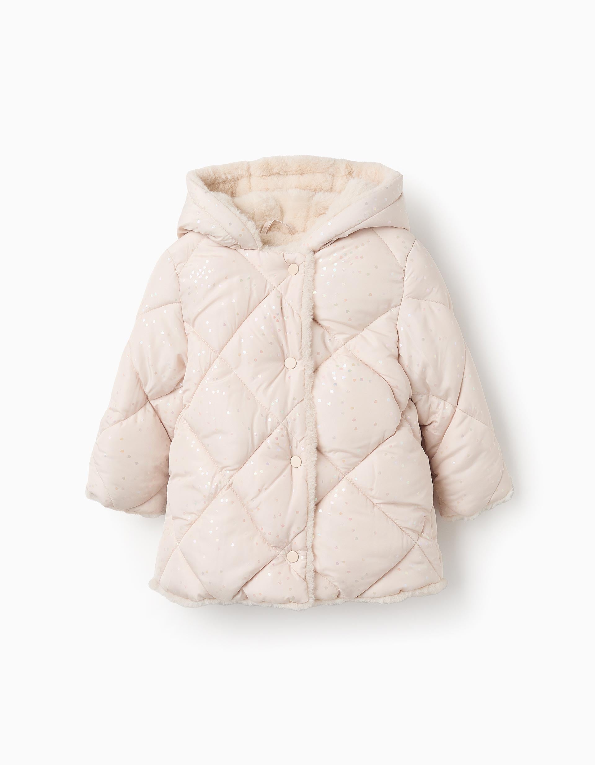 Padded Hooded Jacket with Heart Motif for Baby Girls, Beige