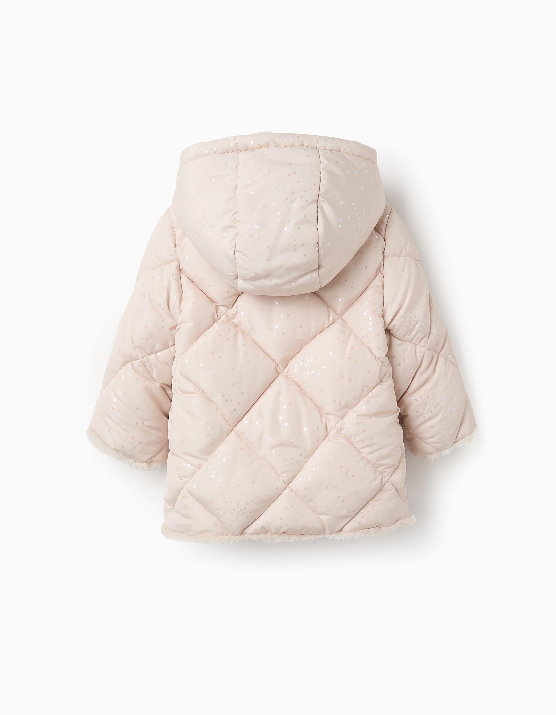 Padded Hooded Jacket with Heart Motif for Baby Girls, Beige