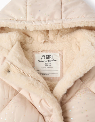 Chaqueta Acolchada con Corazones y Capucha para Bebé Niña, Beige