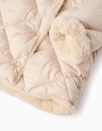 Chaqueta Acolchada con Corazones y Capucha para Bebé Niña, Beige