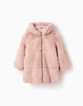 Casaco de Pelo com Capuz para Menina, Rosa
