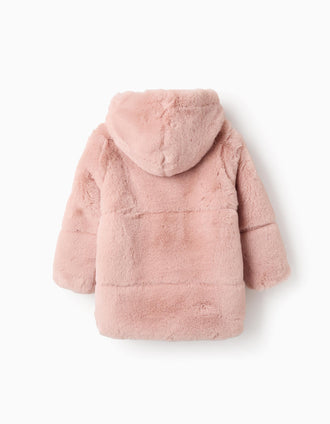 Casaco de Pelo com Capuz para Menina, Rosa