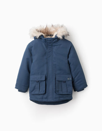 Parka Acolchoada com Capuz e Pelo para Menino, Turquesa