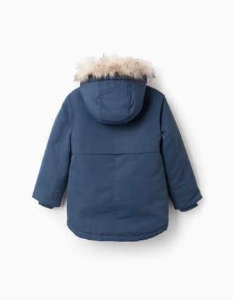 Parka Acolchoada com Capuz e Pelo para Menino, Turquesa