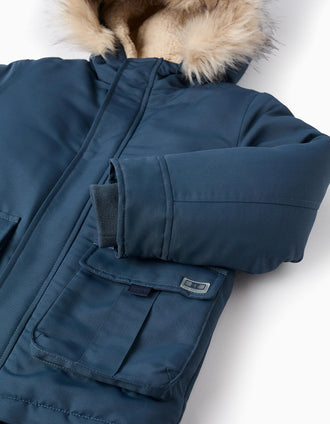 Parka Acolchoada com Capuz e Pelo para Menino, Turquesa