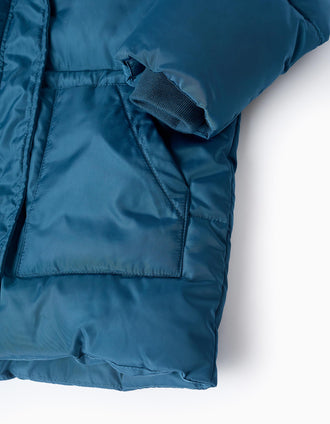 Abrigo Acolchado Largo con Capucha Desmontable para Niña, Turquesa