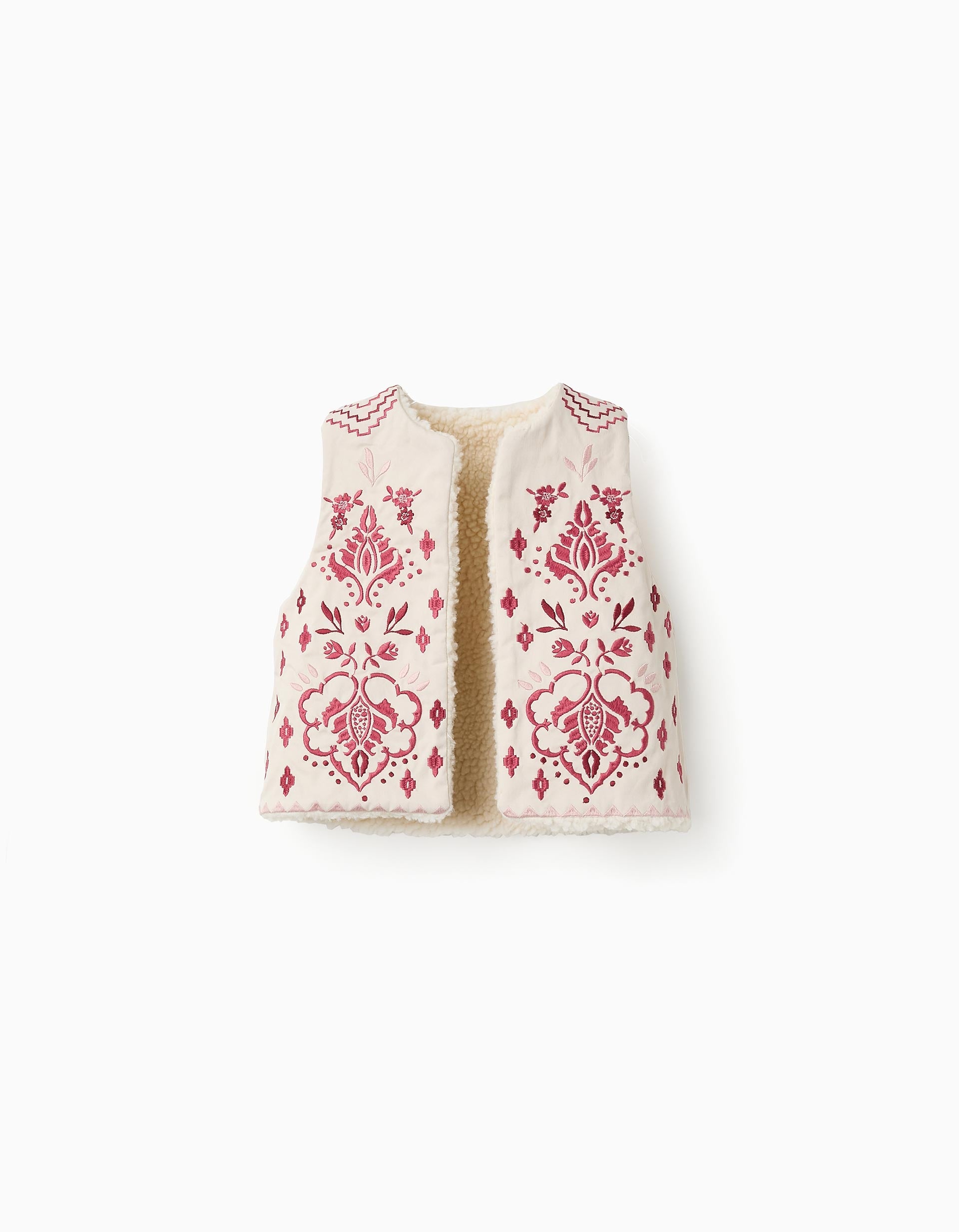 Reversible Sherpa Vest with Embroidery for Baby Girls, Beige/Pink