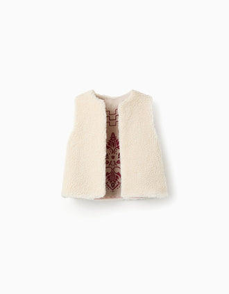 Chaleco Reversible con Sherpa y Bordados para Bebé Niña, Beige/Rosa