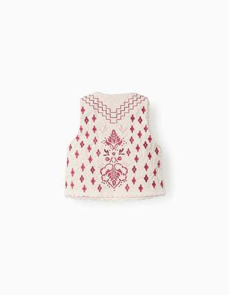 Colete Reversível com Sherpa e Bordados para Bebé Menina, Bege/Rosa