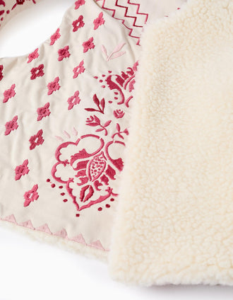 Colete Reversível com Sherpa e Bordados para Bebé Menina, Bege/Rosa