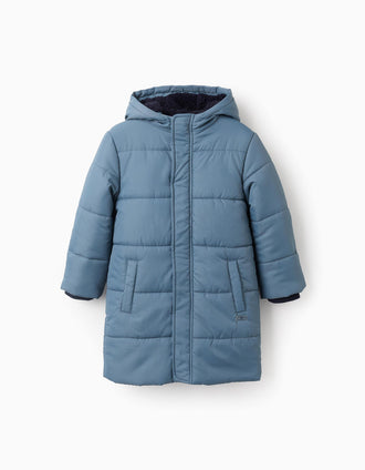 Casaco Acolchoado Longo com Capuz para Menino, Azul