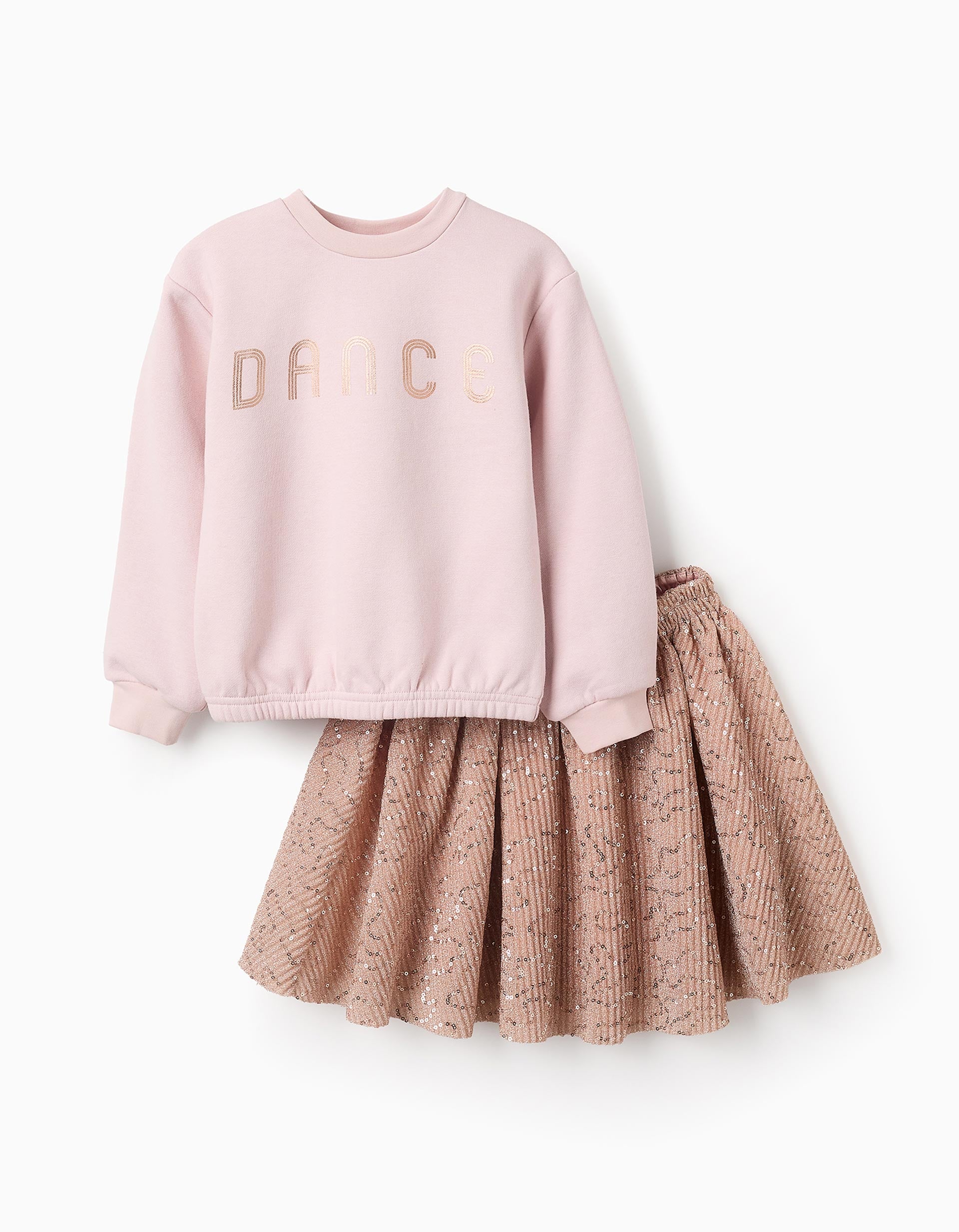 Fleece Sweatshirt + Sequin Pleated Skirt for Girls, Pink