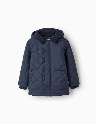 Parka Acolchada con Capucha Desmontable para Niño, Azul Oscuro