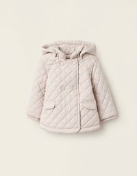 Padded Jacket with Removable Hood for Newborn Girls, Beige