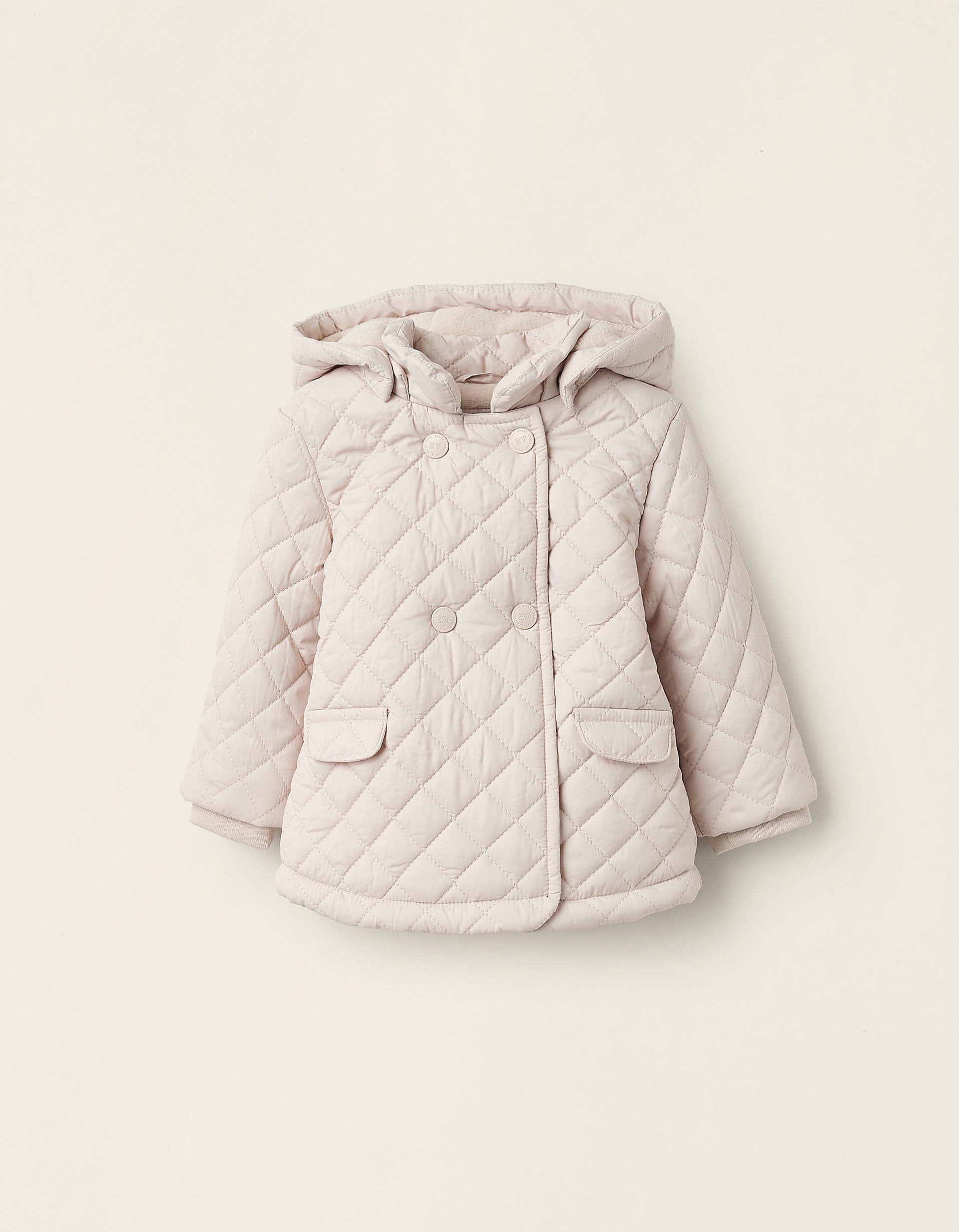 Padded Jacket with Removable Hood for Newborn Girls, Beige