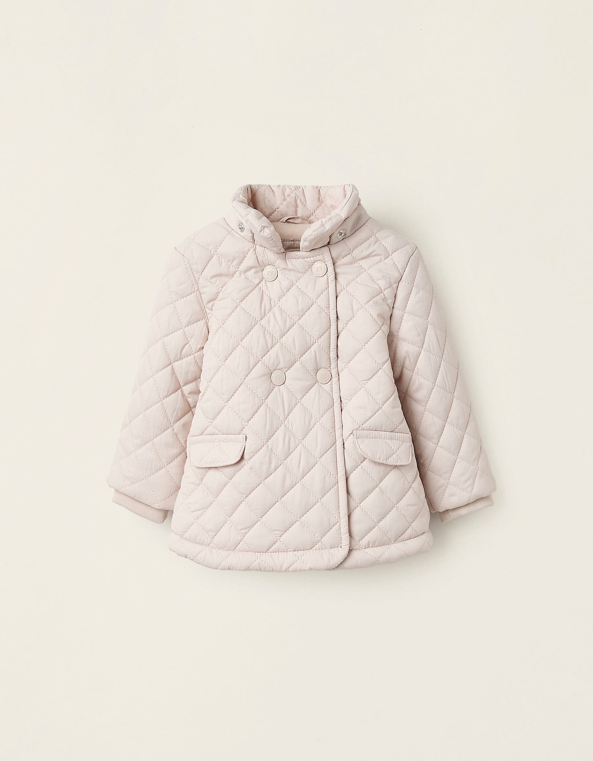 Padded Jacket with Removable Hood for Newborn Girls, Beige