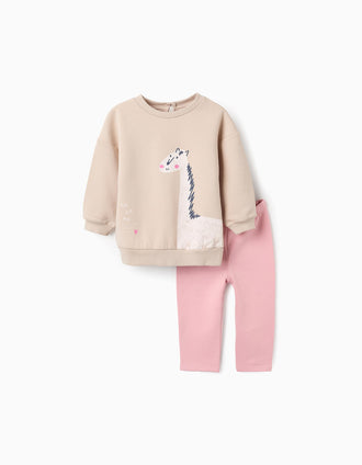 Sudadera + Pantalón Perchado para Bebé Niña 'Girafa', Beige/Rosa