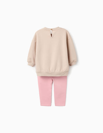 Sudadera + Pantalón Perchado para Bebé Niña 'Girafa', Beige/Rosa