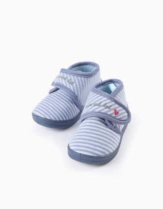 Chaussons à Rayures pour Bébé Garçon 'Mum & Dad', Bleu/Blanc