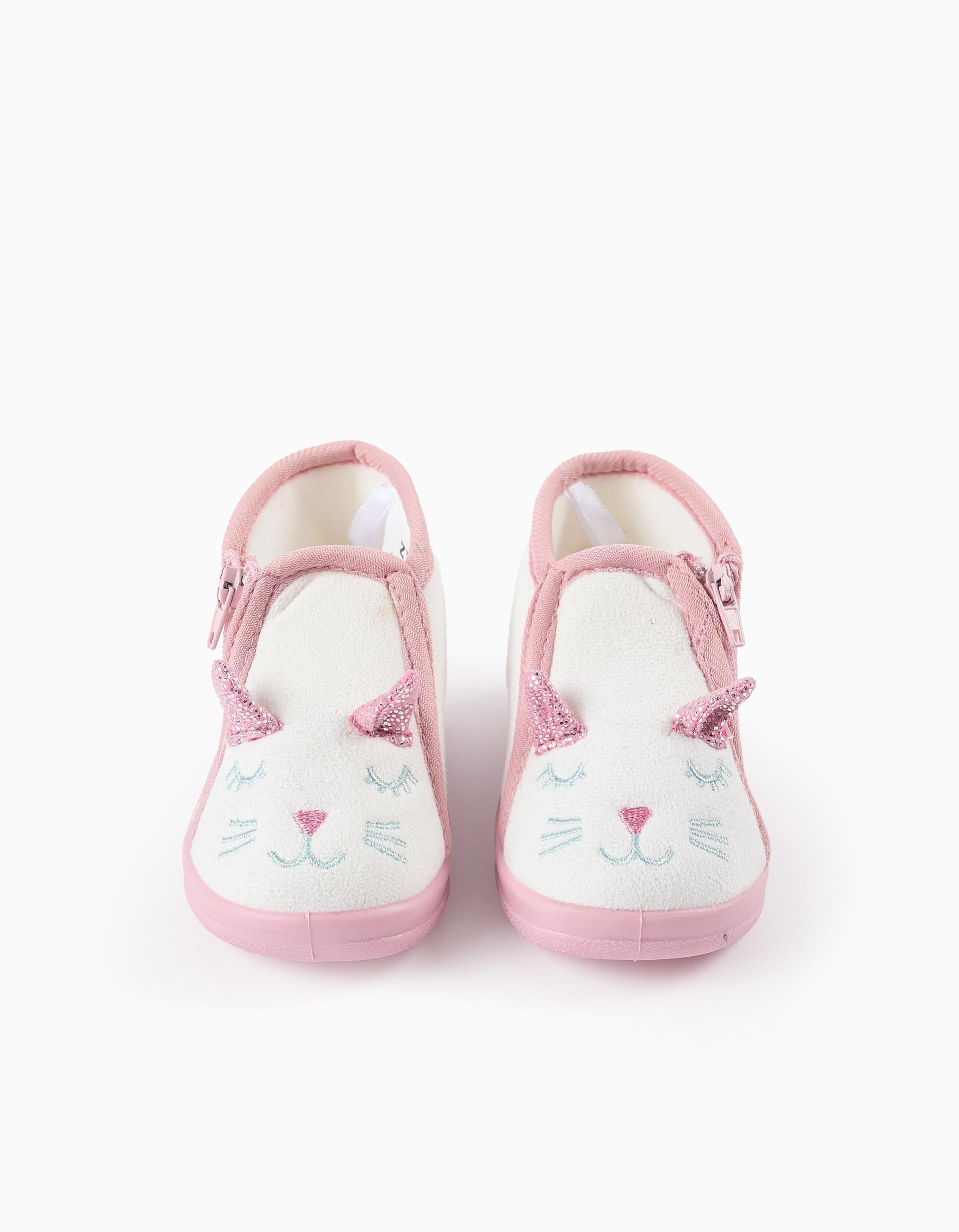 Plush Slippers for Baby Girls 'Cat', White/Pink