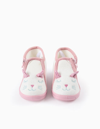 Zapatillas de Casa en Peluche para Bebé Niña 'Gata', Blanco/Rosa