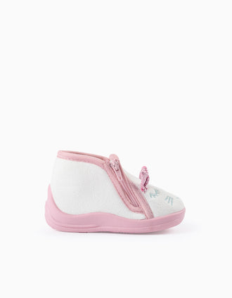 Zapatillas de Casa en Peluche para Bebé Niña 'Gata', Blanco/Rosa