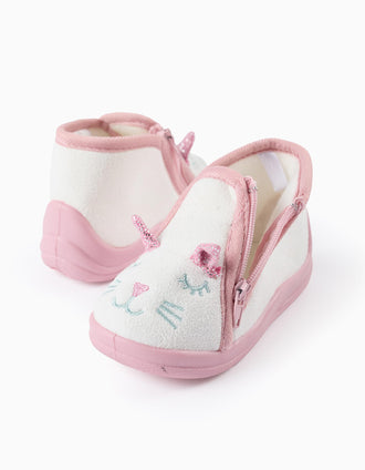 Pantufas em Peluche para Bebé Menina 'Gata', Branco/Rosa
