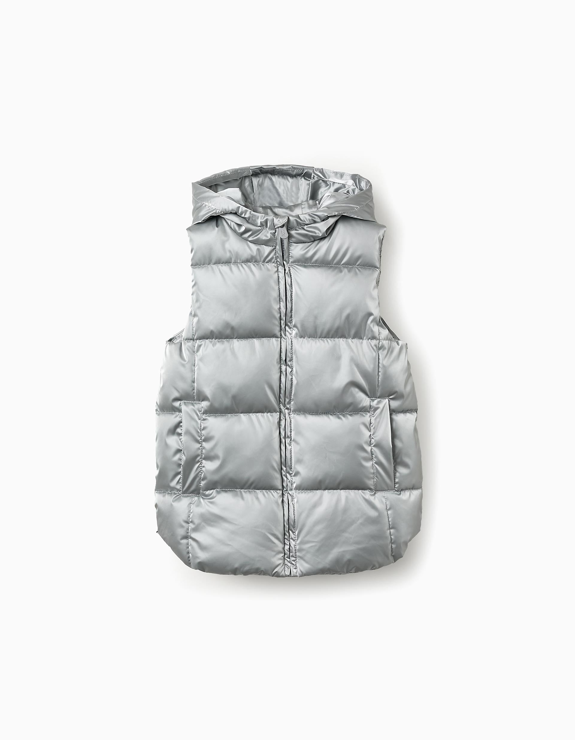 Long Quilted Hooded Gilet for Girls, Silver