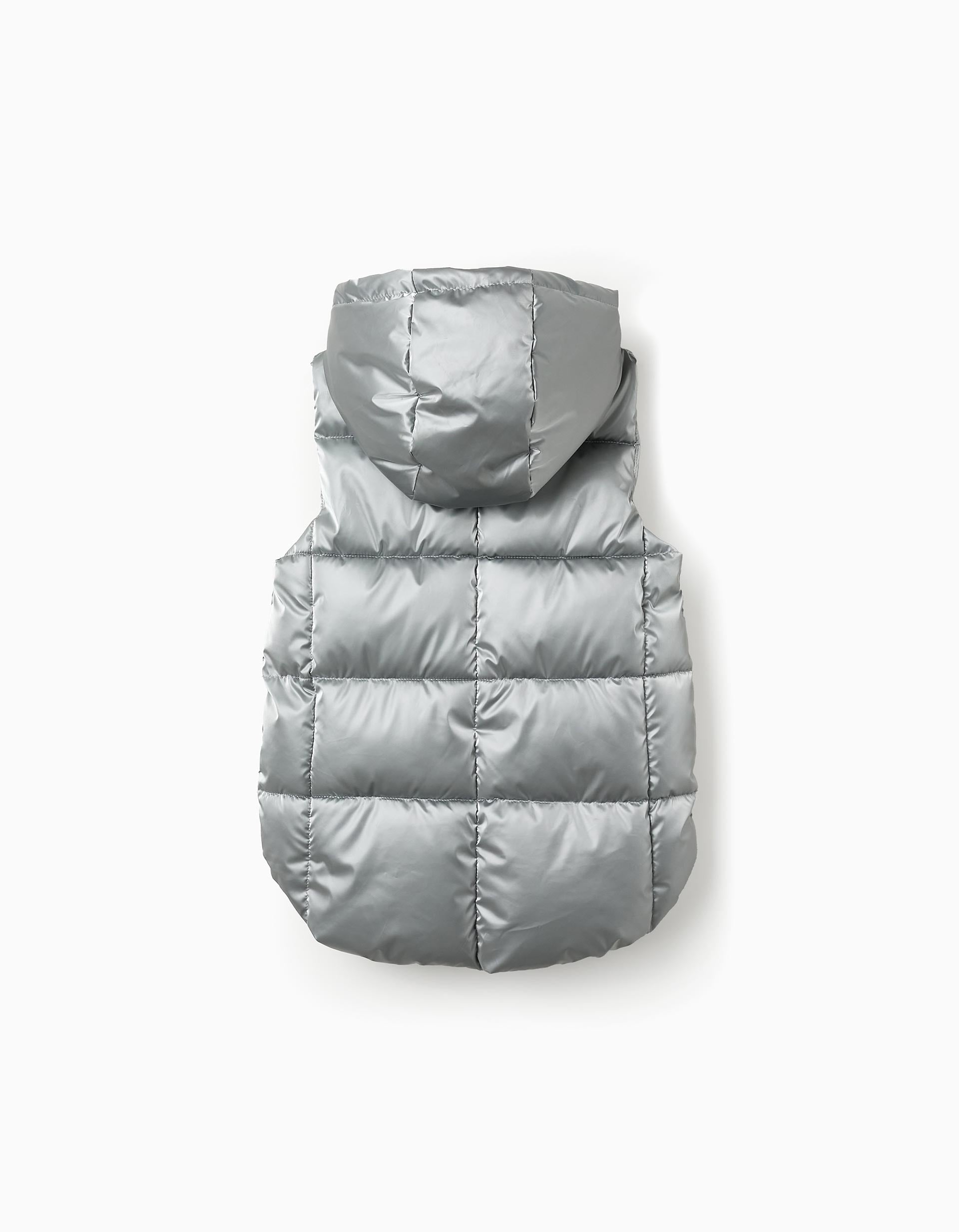 Long Quilted Hooded Gilet for Girls, Silver