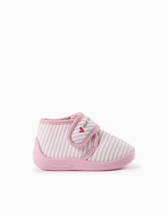 Pantufas às Riscas para Bebé Menina 'Mum & Dad', Rosa/Branco