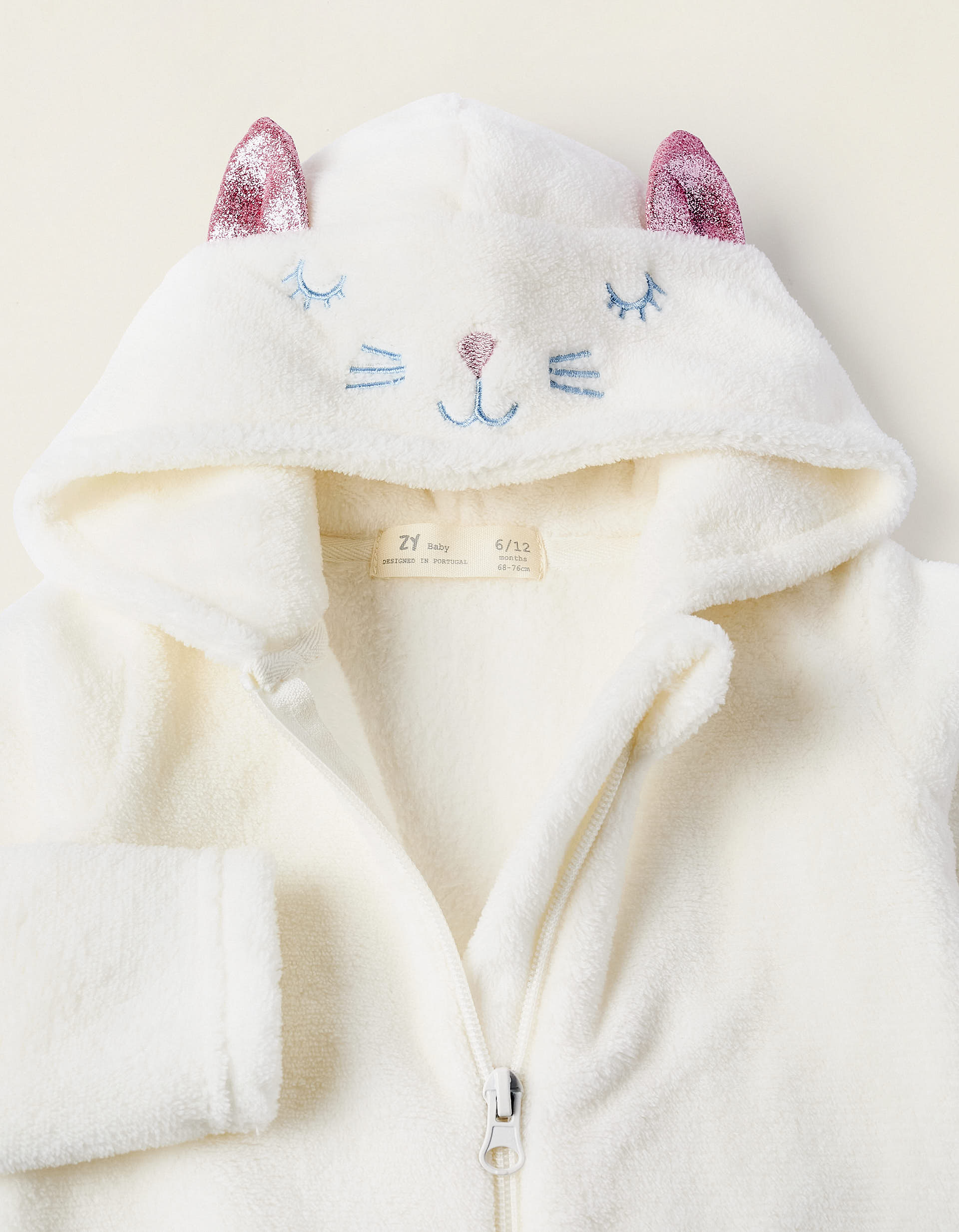 Coral Fleece Hooded Onesie for Baby Girls 'Cat', White