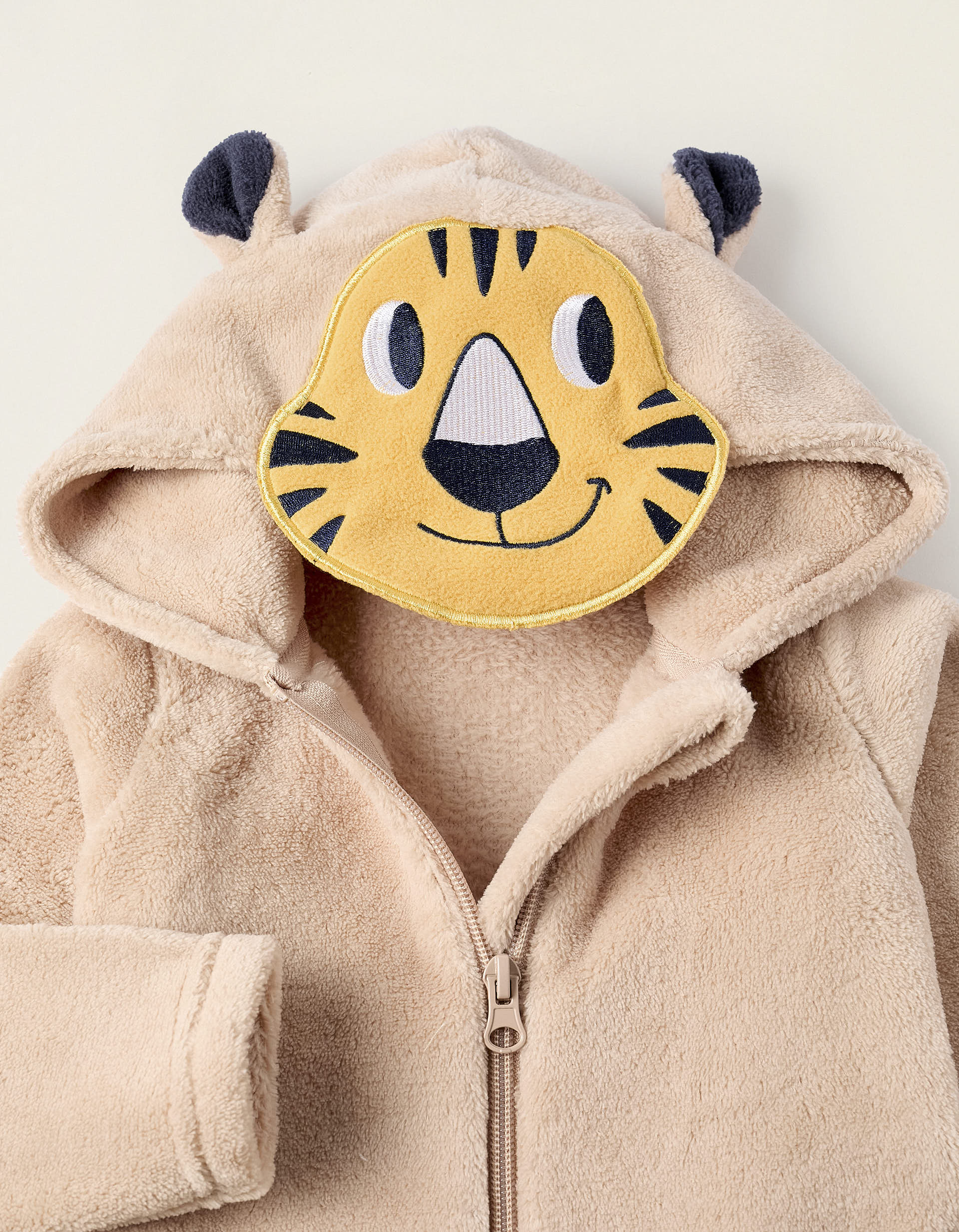 Coral Fleece Hooded Onesie for Baby Boys 'Tiger', Beige