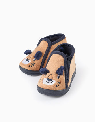 Zapatillas de Casa en Peluche para Bebé Niño 'Tigre', Camel/Azul Oscuro