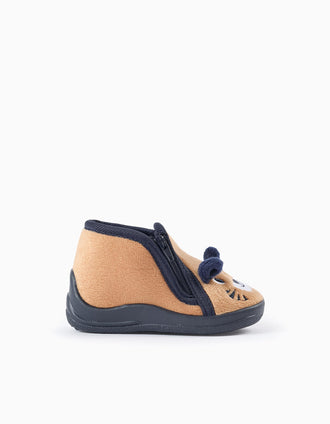 Zapatillas de Casa en Peluche para Bebé Niño 'Tigre', Camel/Azul Oscuro