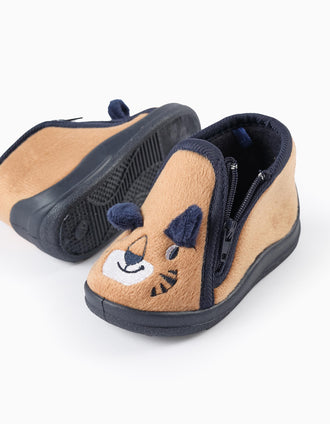 Zapatillas de Casa en Peluche para Bebé Niño 'Tigre', Camel/Azul Oscuro