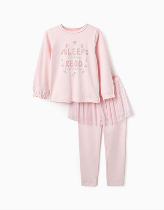 Pijama Brilha no Escuro com Saia de Tule para Menina 'Read', Rosa