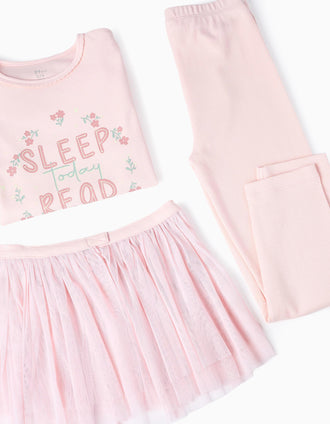 Pijama Brilha no Escuro com Saia de Tule para Menina 'Read', Rosa
