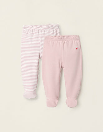 2 Cotton Footed Trousers for Baby Girls 'Mum & Dad', White/Pink